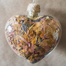 Load image into Gallery viewer, Large (3.5 inches wide by 4 inches tall) glass heart filled with dark purple orchids, lavender, pink rose petals and rosebuds.
