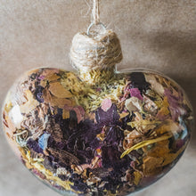 Load image into Gallery viewer, Large (3.5 inches wide by 4 inches tall) glass heart filled with dark purple orchids, lavender, pink rose petals and rosebuds.
