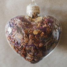 Load image into Gallery viewer, Large (3.5&quot; wide x 4&quot; tall) glass heart filled with rose gold lilies, red rose petals and blue hydrangeas.
