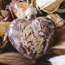 Load image into Gallery viewer, Large (3.5&quot; wide x 4&quot; tall) glass heart filled with red rose petals, pink carnation petals, orange and white lilies.
